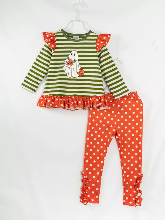 Halloween Stripe Pumpkin Ruffle Girl Bottom Set