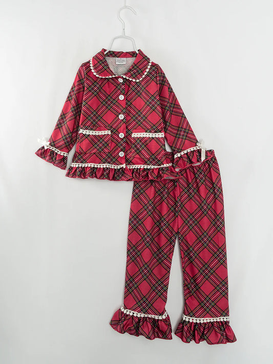 Red Plaid Pocket Ruffle Girl Outfit Pajamas