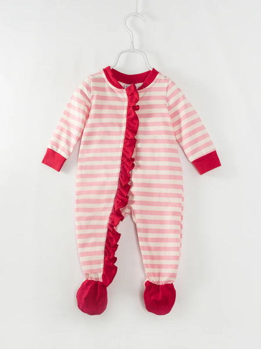 Christmas Pink Stripe Ruffle Baby Girl Romper