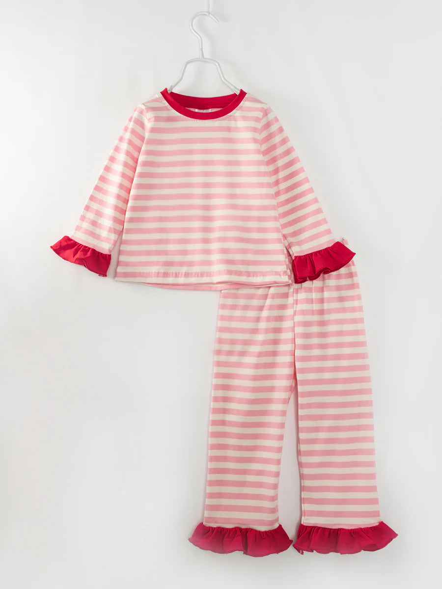 Christmas Pink Stripe Ruffle Girl Pajamas Set