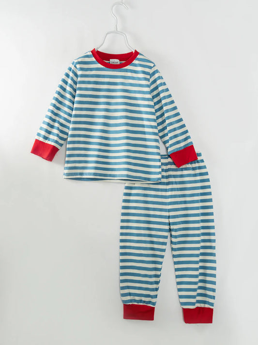 Christmas Blue Stripe Ruffle Boy Pajamas Set