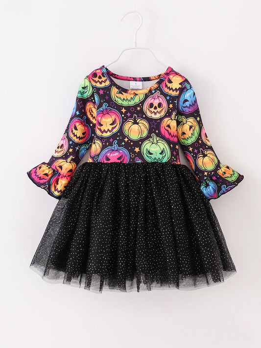 Halloween Colorful Pumpkin Print Girl Tutu Dress